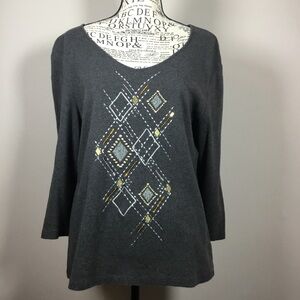Dark grey 100% cotton soft knit top with gold silver sequin Argyle pattern sz M